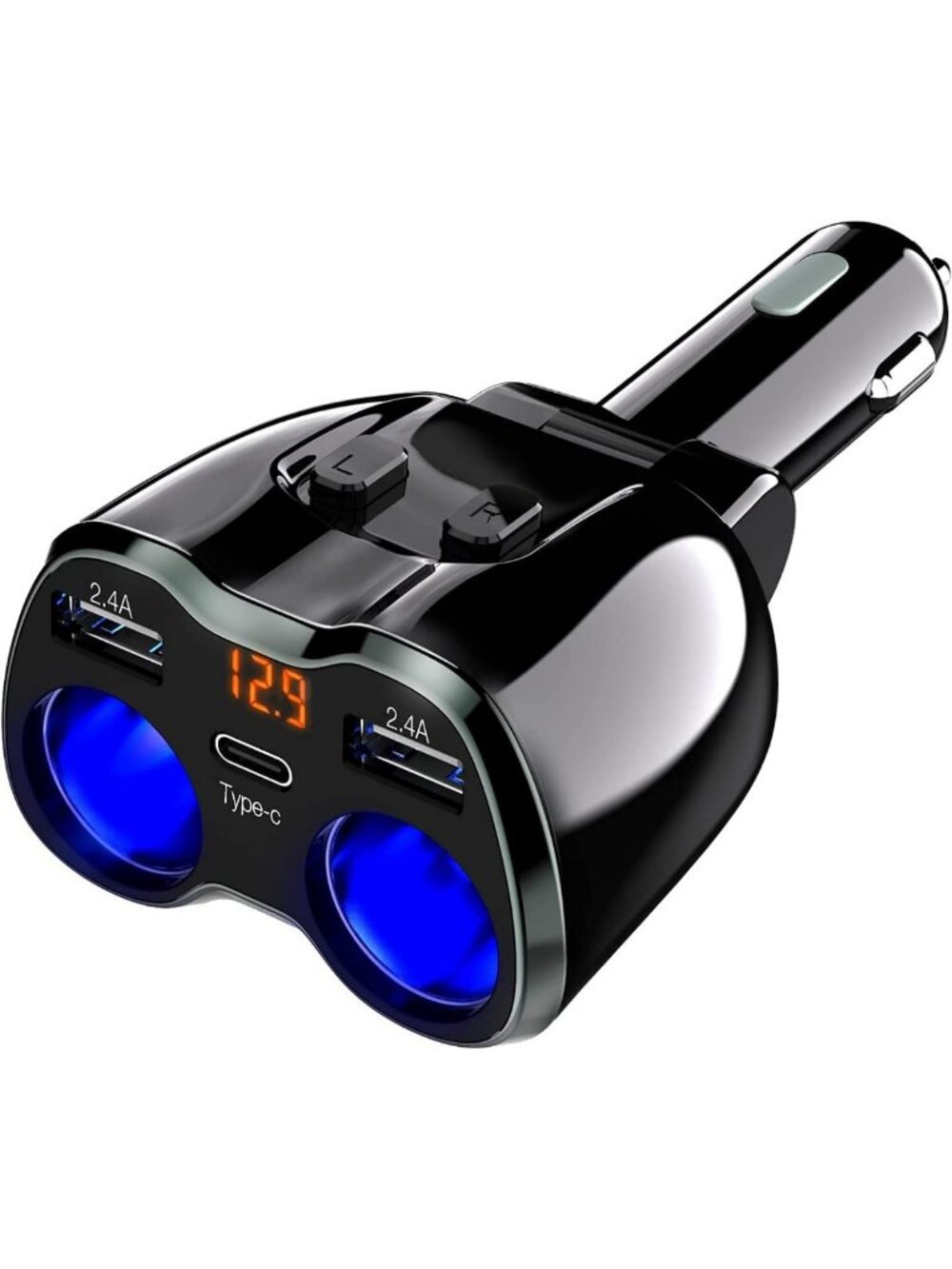 Dual USB C Car Charger Splitter, 12/24V 80W, LED Display, Replaceable Fuse, for